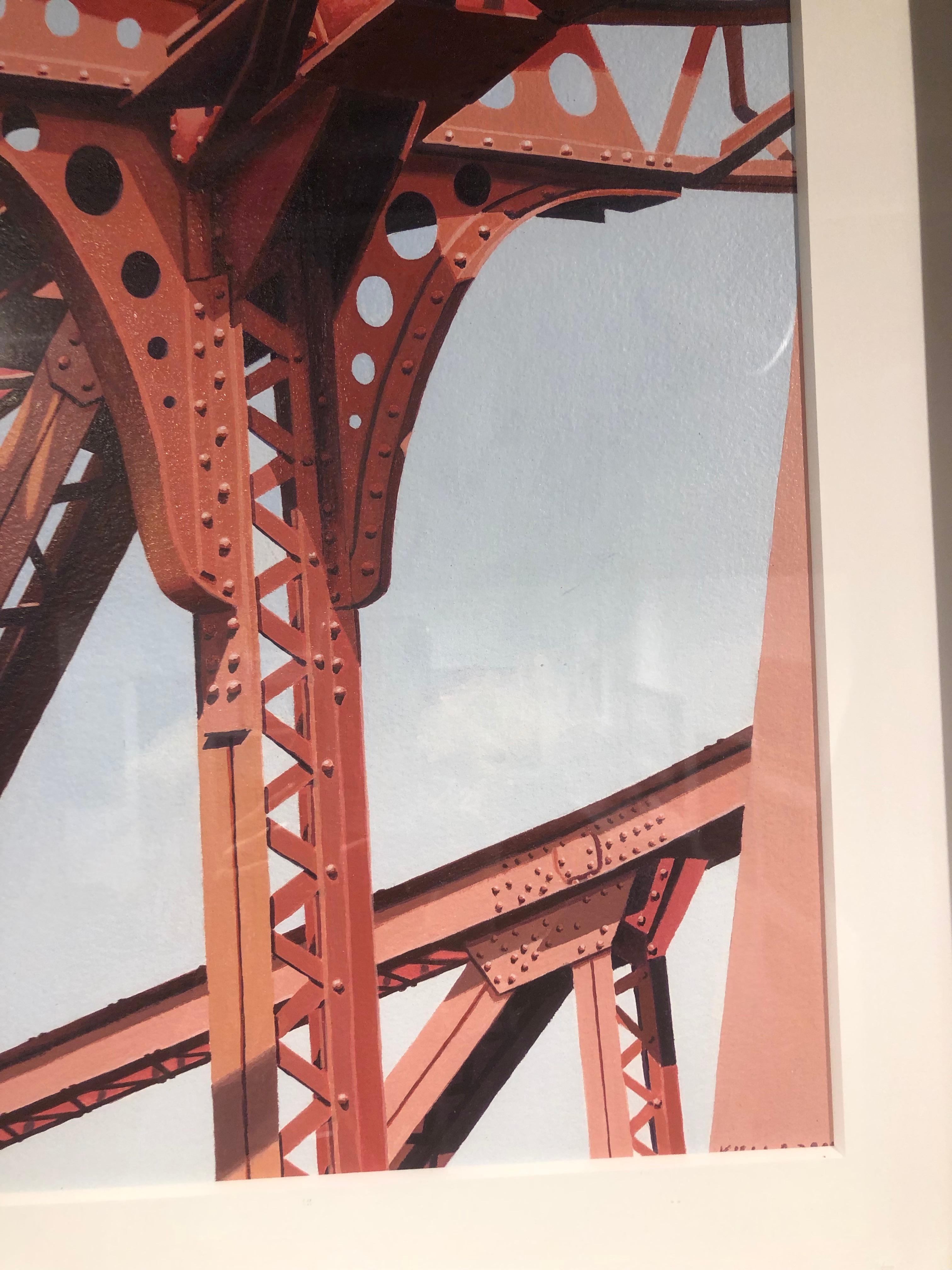 North Ave. – Rote Eisenstahlgirderbrücke, zeitgenössisches fotorealistisches Gemälde (Beige), Still-Life Painting, von Roland Kulla