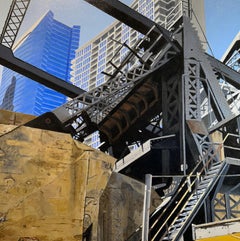 RAM C&N RR -Steel Bridge, Chicago Skyscraper, Contemporary Photorealist Painting