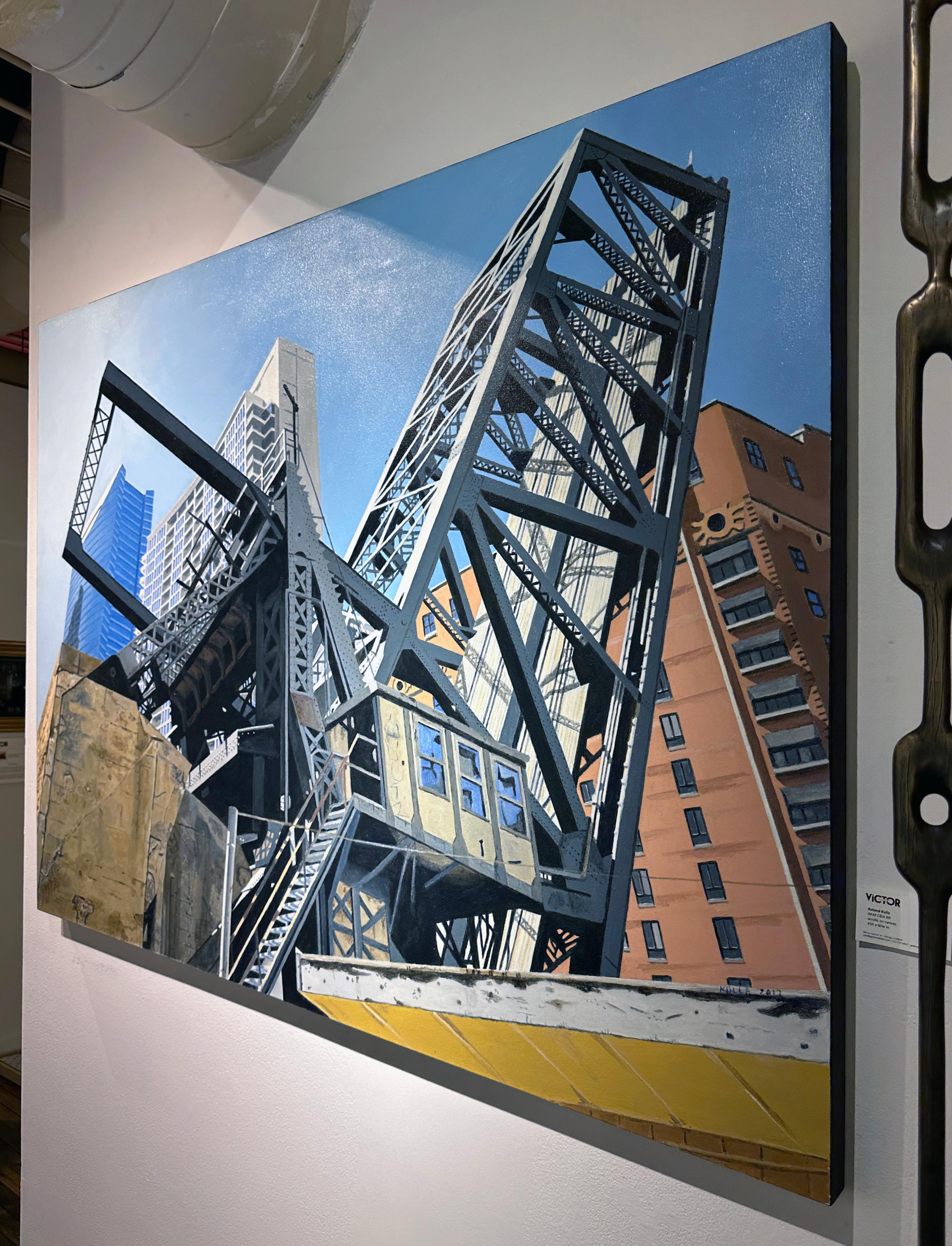 AM C&N RR -Steel Bridge, Chicago Skyscraper, Contemporary Photorealist Painting (peinture contemporaine photoréaliste) en vente 2