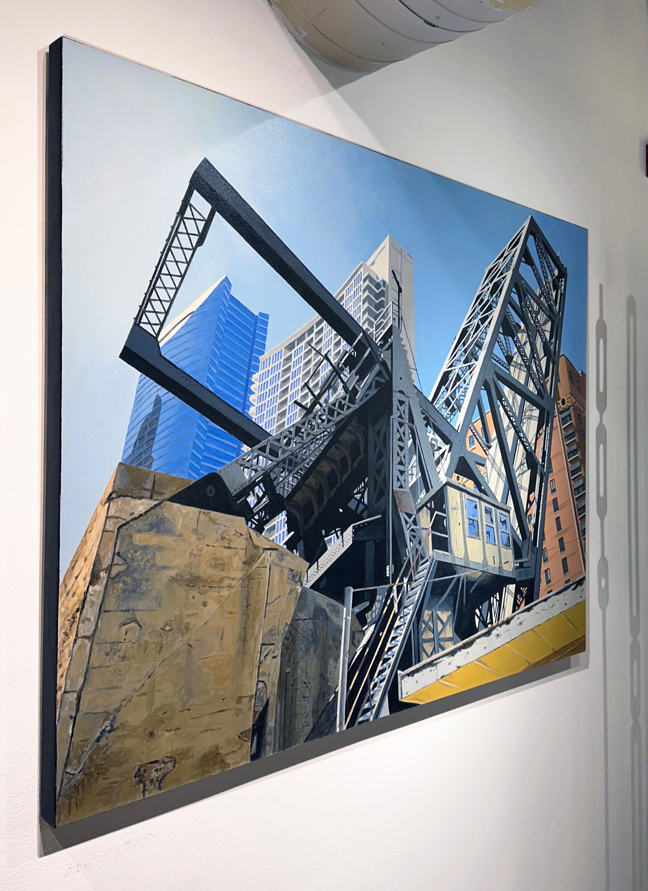 RAM C&N RR -Steel Bridge, Chicago Skyscraper, Contemporary Photorealist Painting For Sale 1