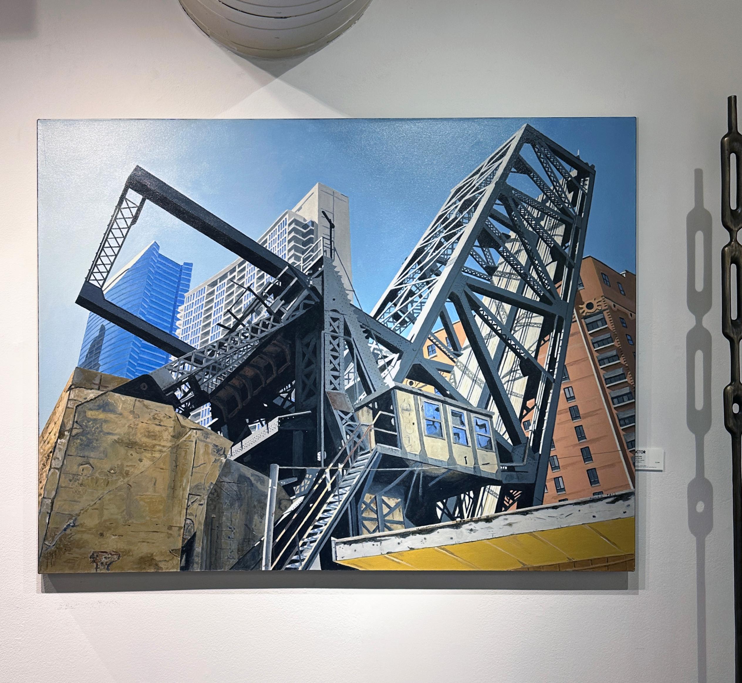 AM C&N RR -Steel Bridge, Chicago Skyscraper, Contemporary Photorealist Painting (peinture contemporaine photoréaliste) en vente 4