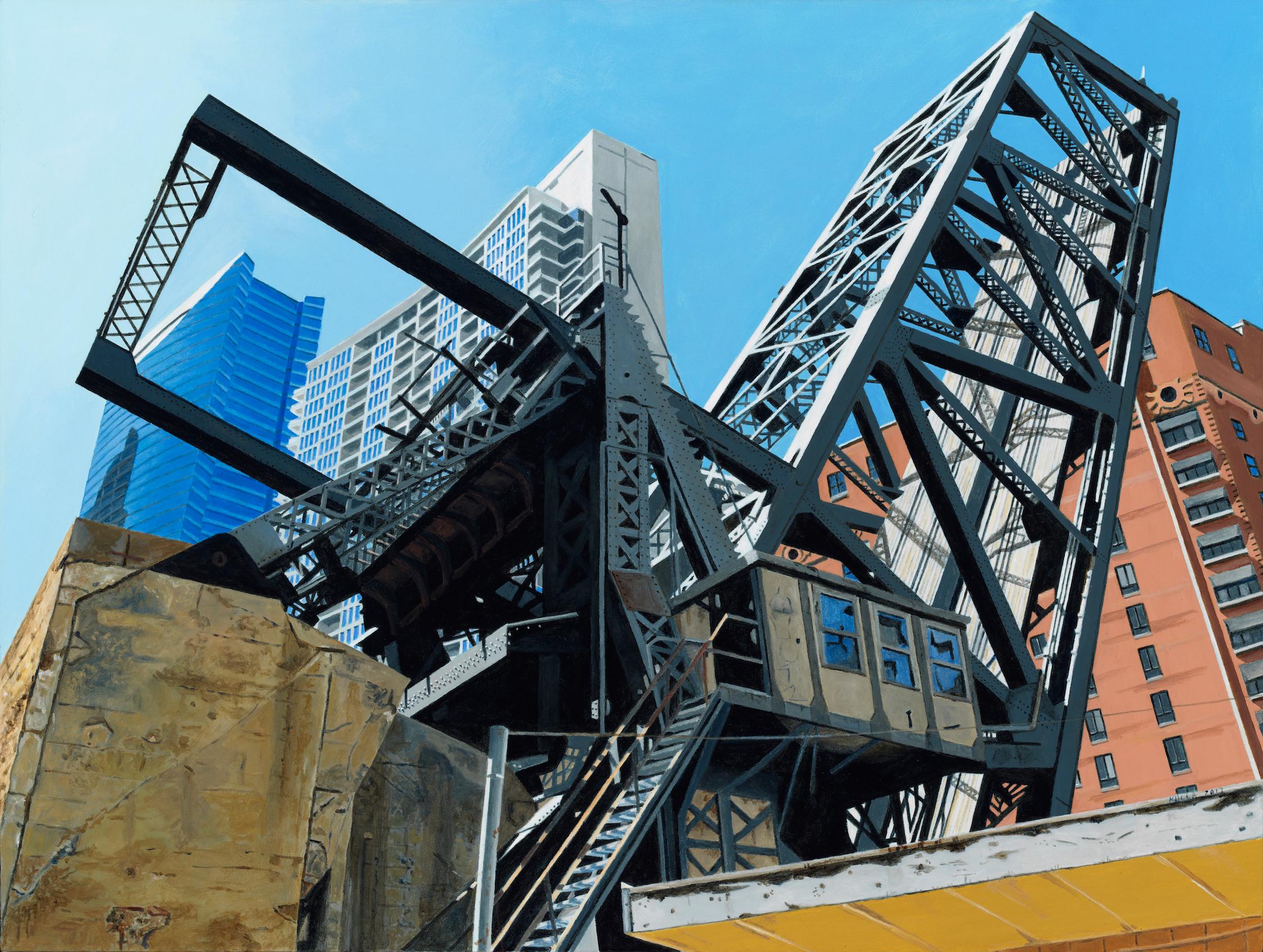 AM C&N RR -Steel Bridge, Chicago Skyscraper, Contemporary Photorealist Painting (peinture contemporaine photoréaliste)