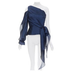 ROLAND MORURET Metallic-Blau Wirbel-Jacquard Krawatte Schärpe Asymmetrisches Top UK10 M