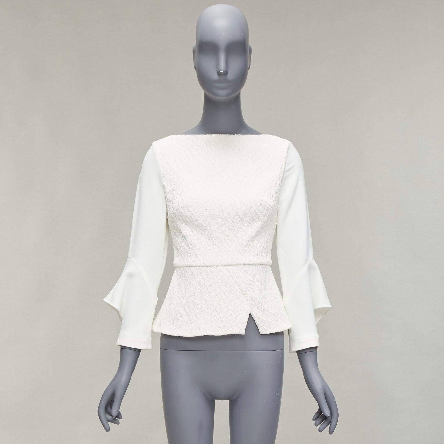 ROLAND MOURET 2018 Richardson cream textured crepe ruffle cuff peplum top UK6 XS For Sale 5