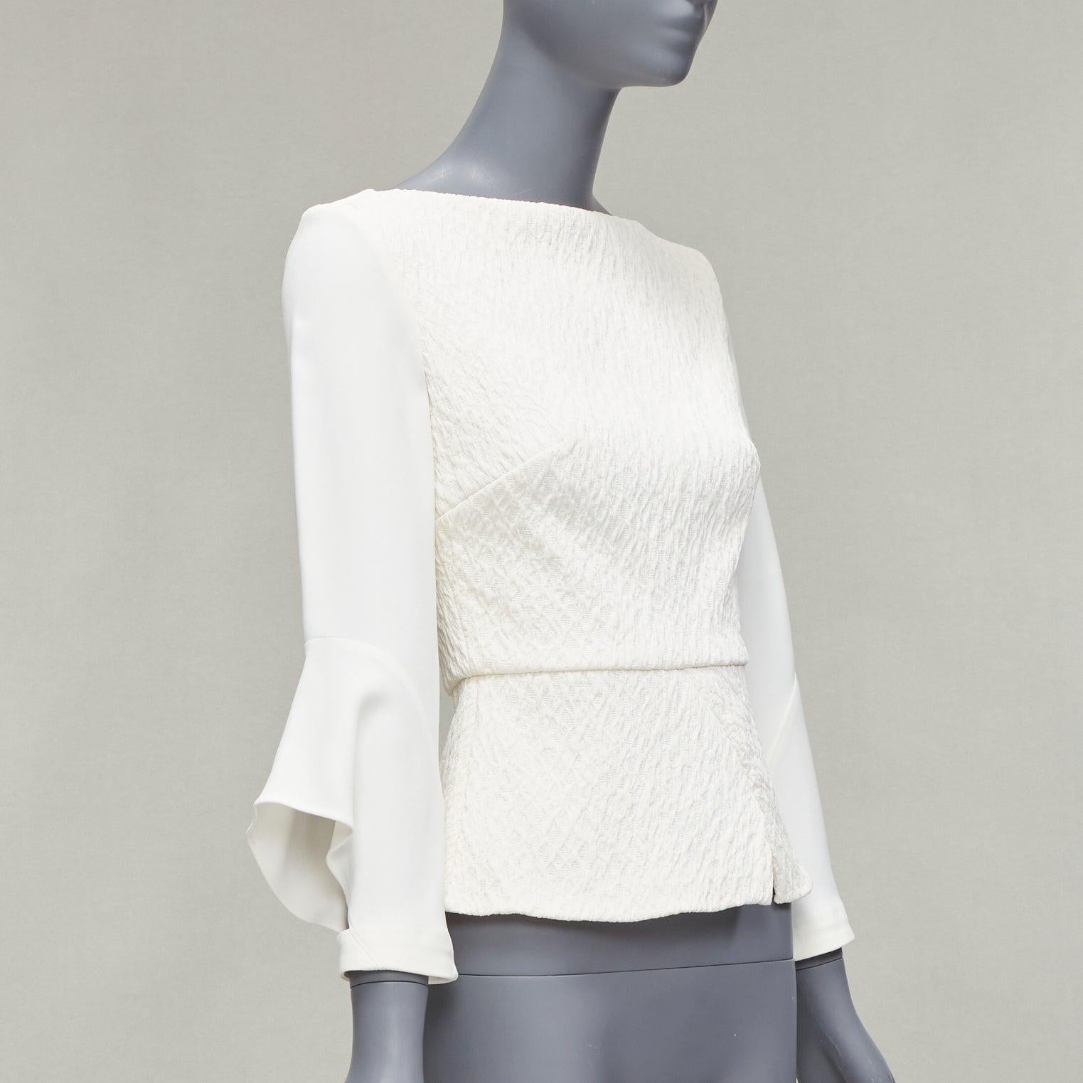 Gray ROLAND MOURET 2018 Richardson cream textured crepe ruffle cuff peplum top UK6 XS For Sale