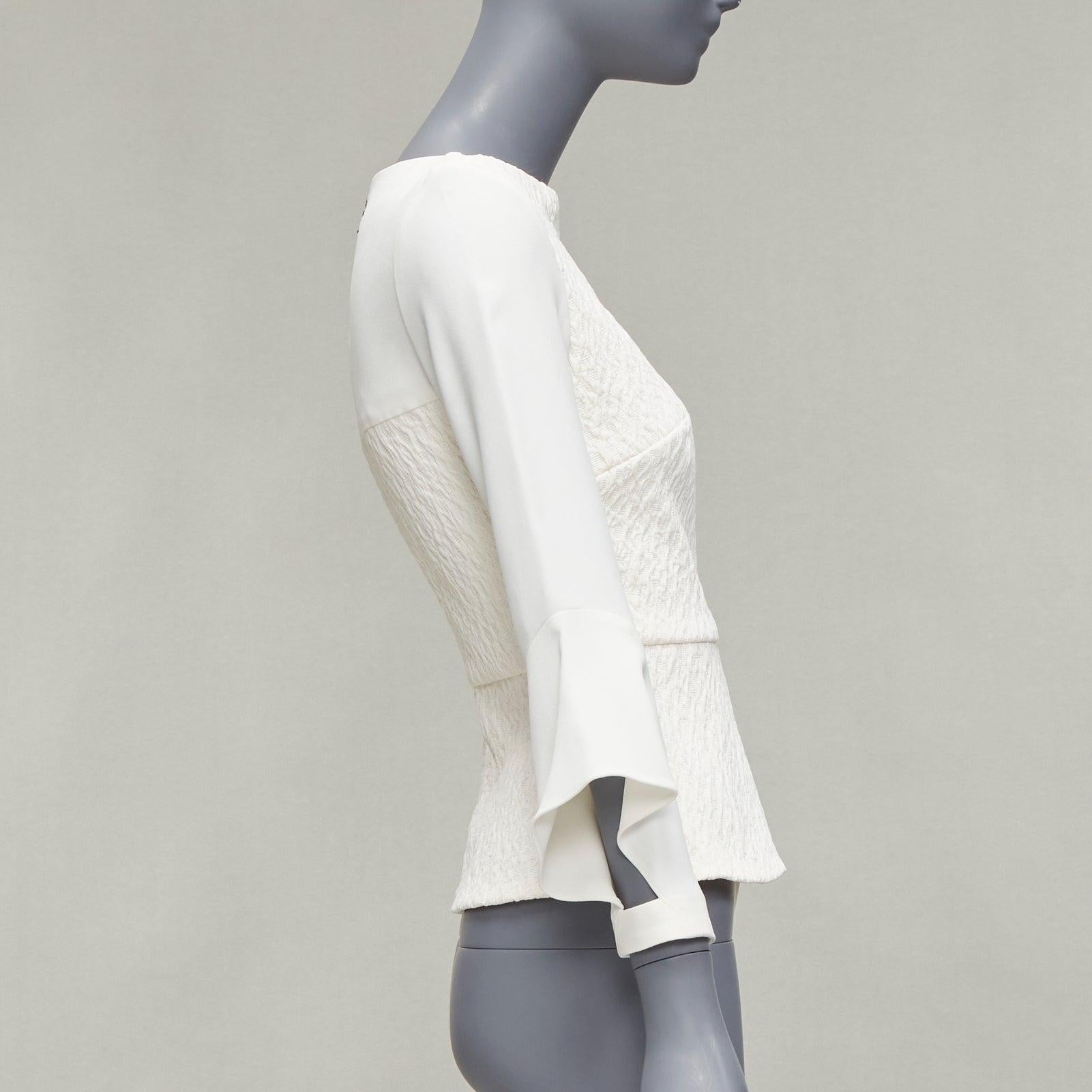 ROLAND MOURET 2018 Richardson cream textured crepe ruffle cuff peplum top UK6 XS In Excellent Condition For Sale In Hong Kong, NT