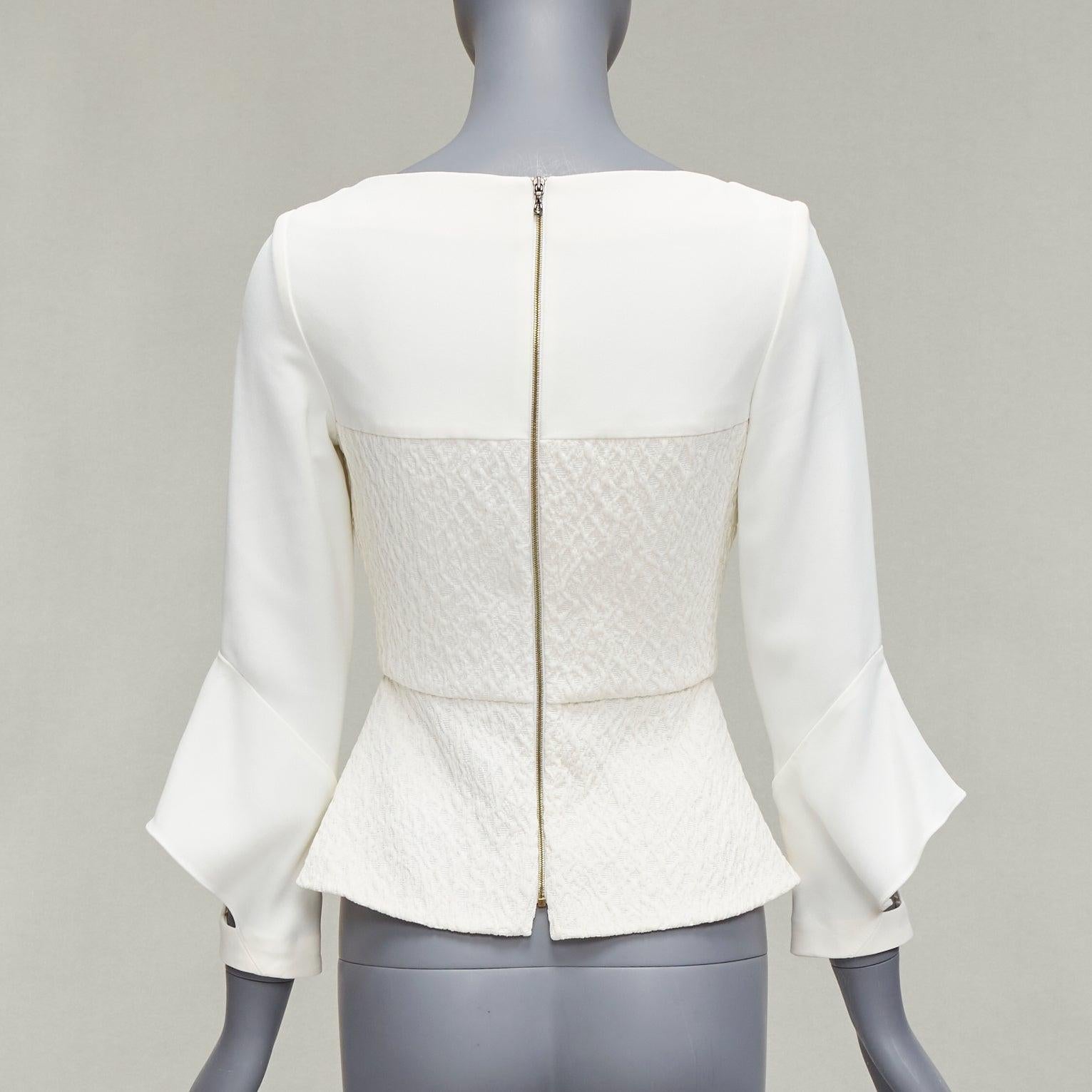 Women's ROLAND MOURET 2018 Richardson cream textured crepe ruffle cuff peplum top UK6 XS For Sale