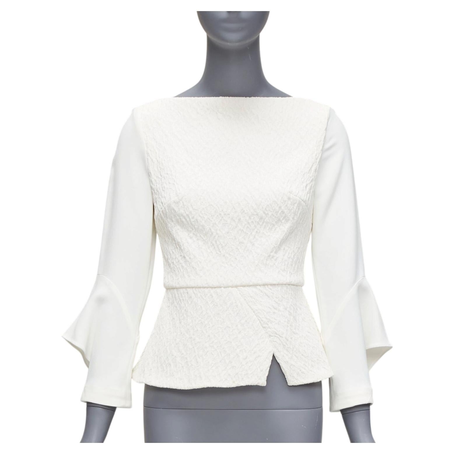 ROLAND MOURET 2018 Richardson Cremefarbenes strukturiertes Crêpe-Manschettenpullover mit Rüschen und Peplum-Top UK6 XS