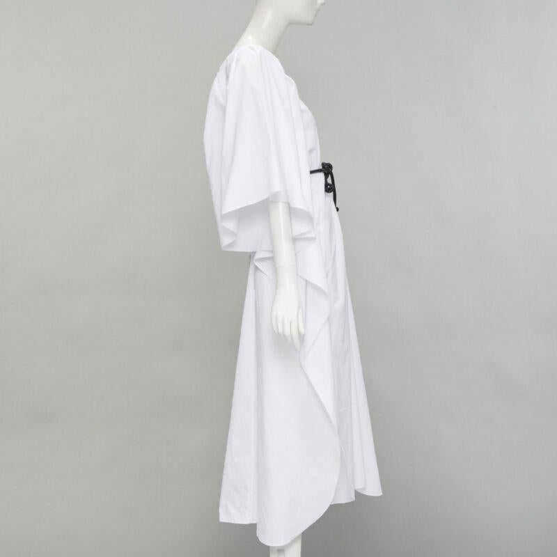 ROLAND MOURET 2021 Lange white needlepoint poplin leather cord belt dress XS In Excellent Condition For Sale In Hong Kong, NT