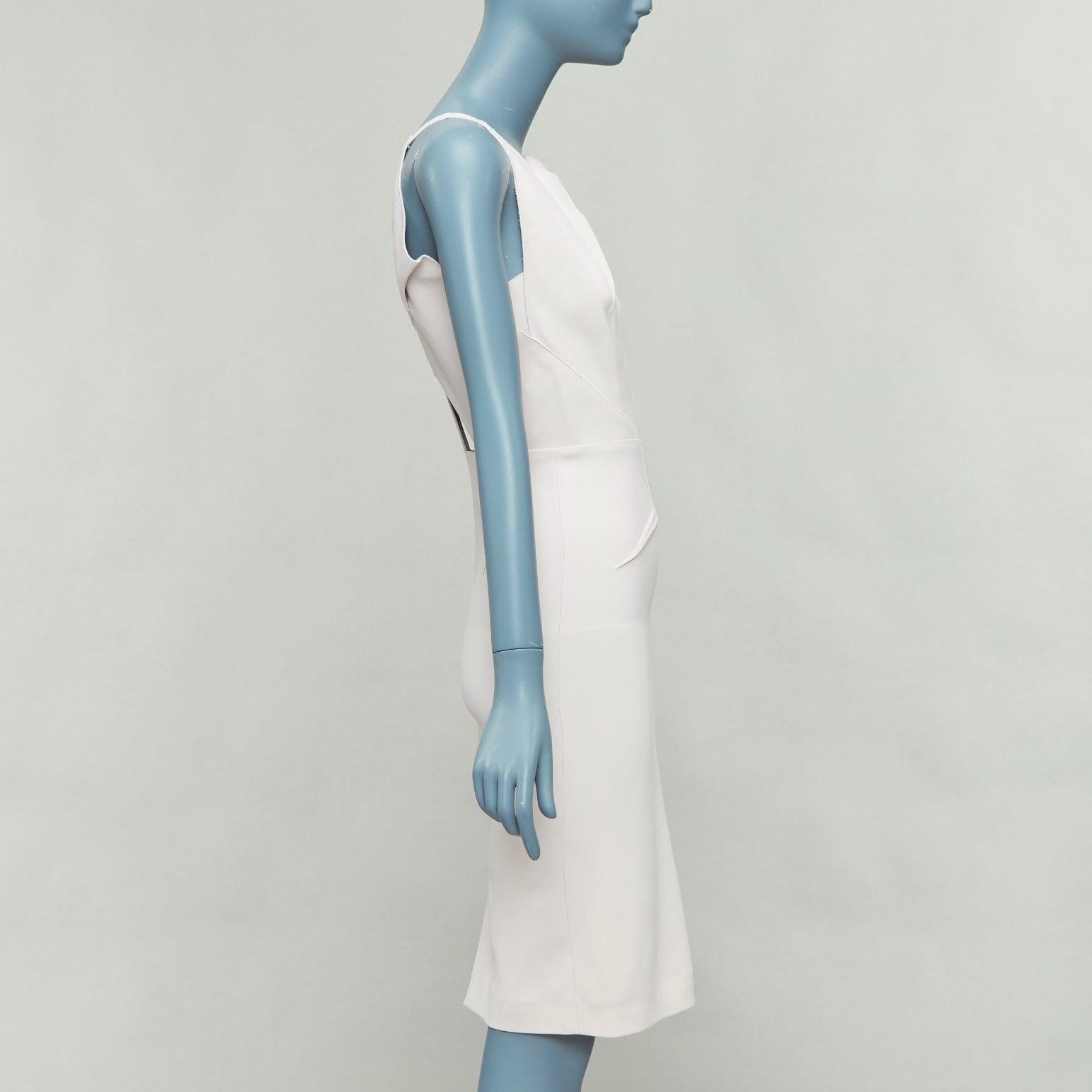 ROLAND MOURET beige origami pleat back zip shift dress UK8 S In Good Condition For Sale In Hong Kong, NT