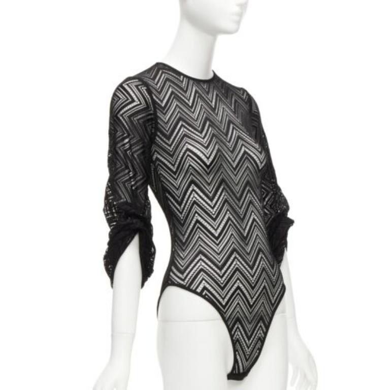 Black ROLAND MOURET black chevron lattice lace draped charm sleeves bodysuit top XS For Sale