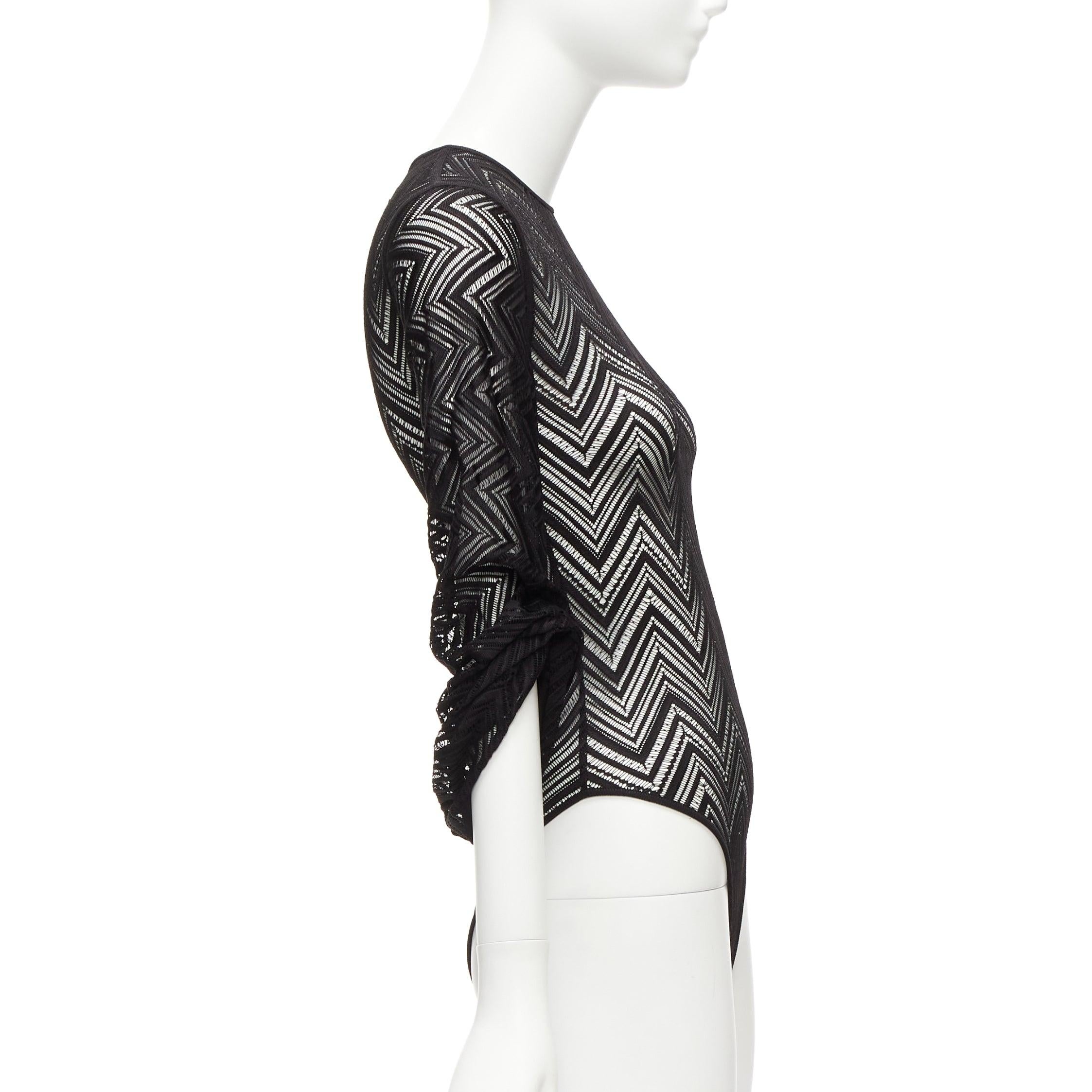 Women's ROLAND MOURET black chevron lattice lace draped charm sleeves bodysuit top XS For Sale