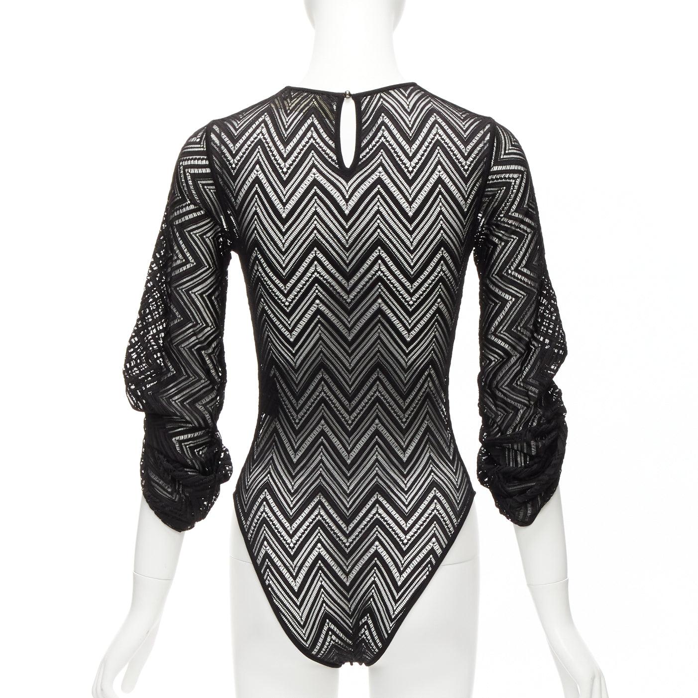 ROLAND MOURET black chevron lattice lace draped charm sleeves bodysuit top XS For Sale 1