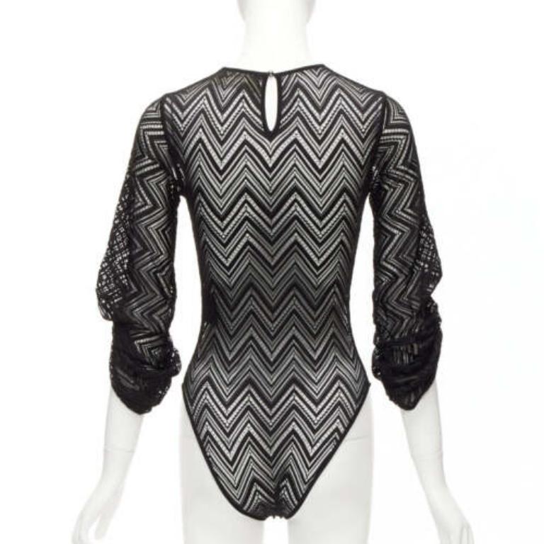 Women's ROLAND MOURET black chevron lattice lace draped charm sleeves bodysuit top XS For Sale