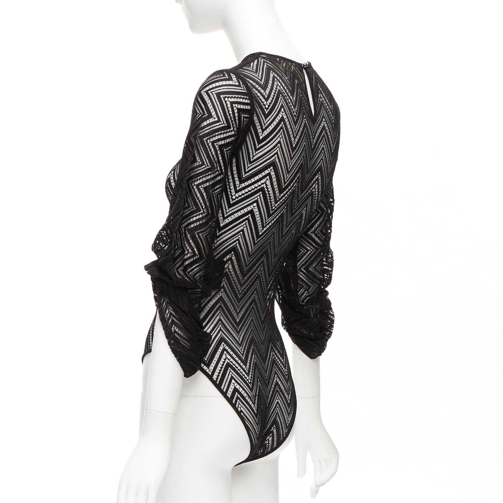ROLAND MOURET black chevron lattice lace draped charm sleeves bodysuit top XS For Sale 2