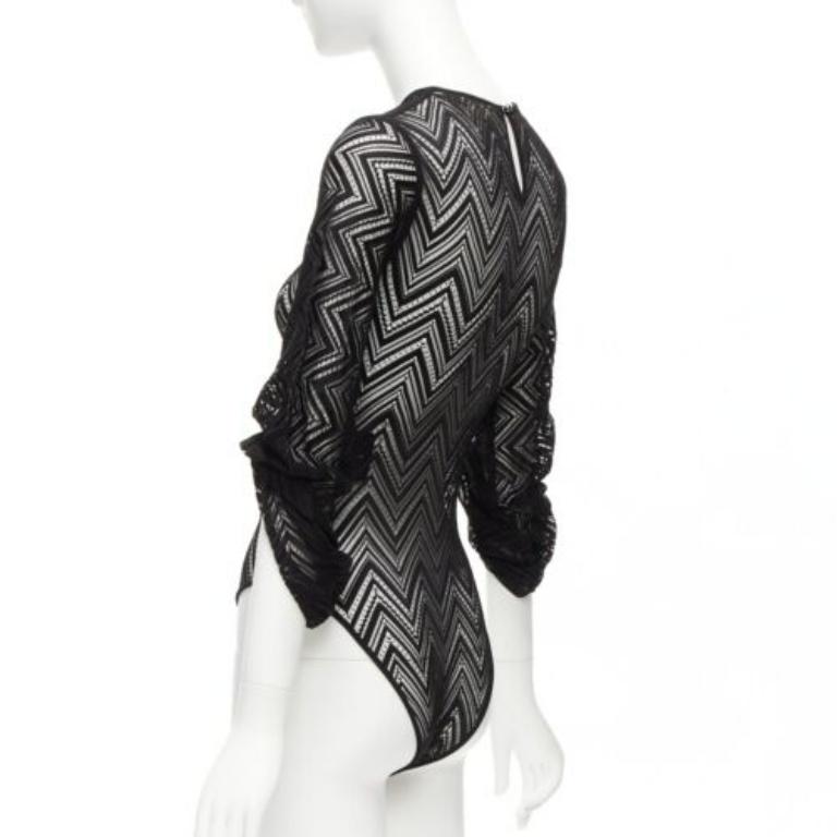 ROLAND MOURET black chevron lattice lace draped charm sleeves bodysuit top XS For Sale 1