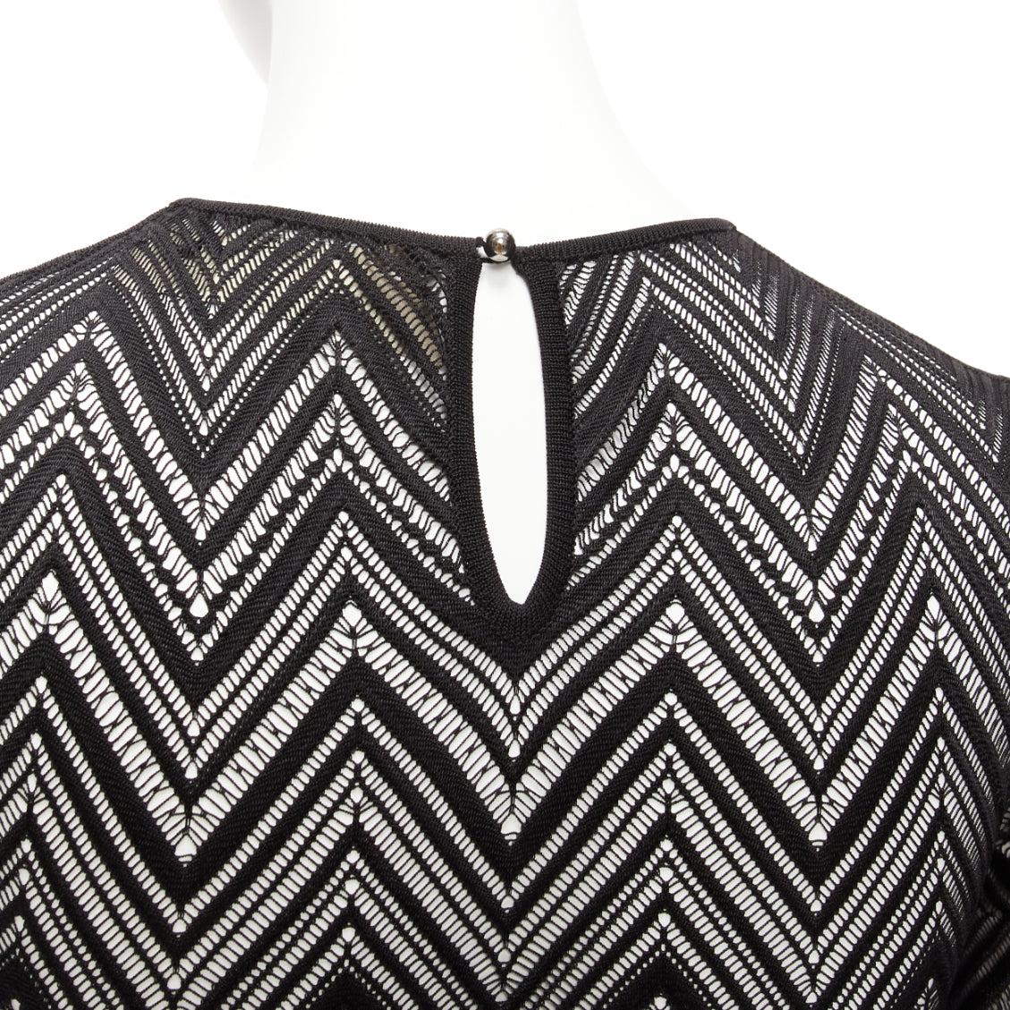 ROLAND MOURET black chevron lattice lace draped charm sleeves bodysuit top XS For Sale 3