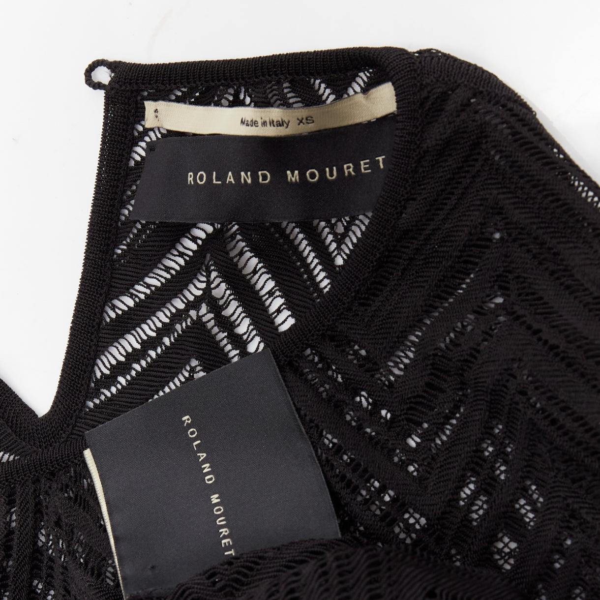 ROLAND MOURET black chevron lattice lace draped charm sleeves bodysuit top XS For Sale 4