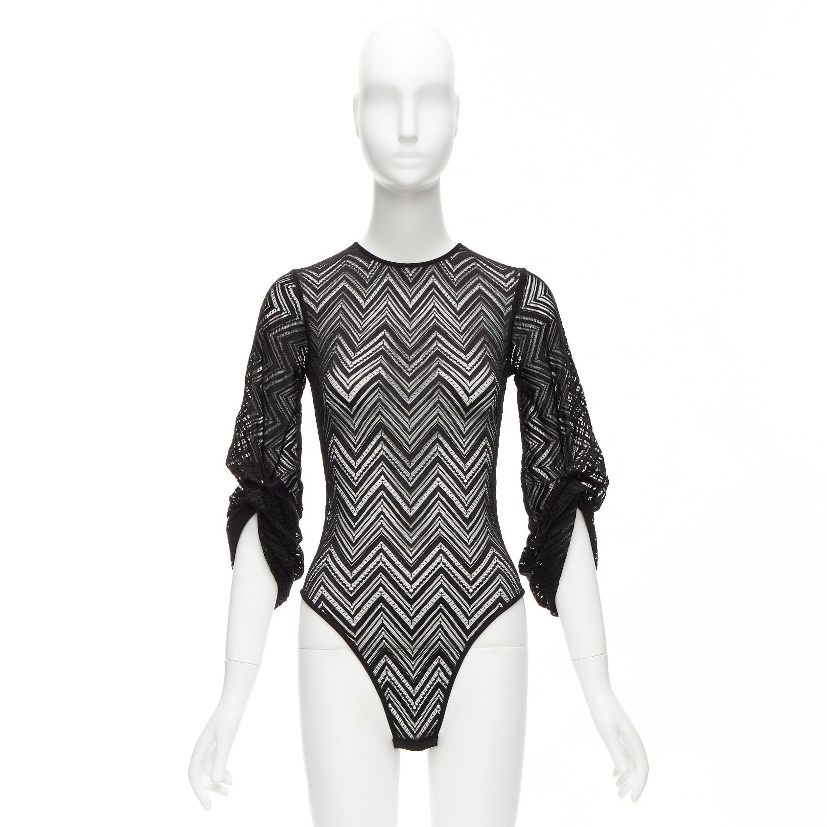 ROLAND MOURET black chevron lattice lace draped charm sleeves bodysuit top XS For Sale 5