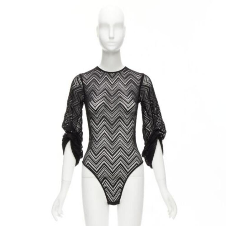 ROLAND MOURET black chevron lattice lace draped charm sleeves bodysuit top XS For Sale 4