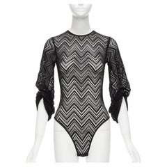 ROLAND MOURET black chevron lattice lace draped charm sleeves bodysuit top XS