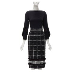ROLAND MOURET Schwarzer Krepp-Fransenbesatz  Karierter Tweed-Rock Midikleid UK6 S