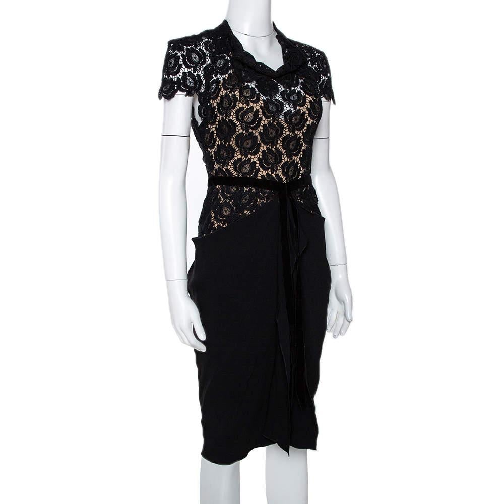 Women's Roland Mouret Black Crepe & Lace Draped Harmon Dress M