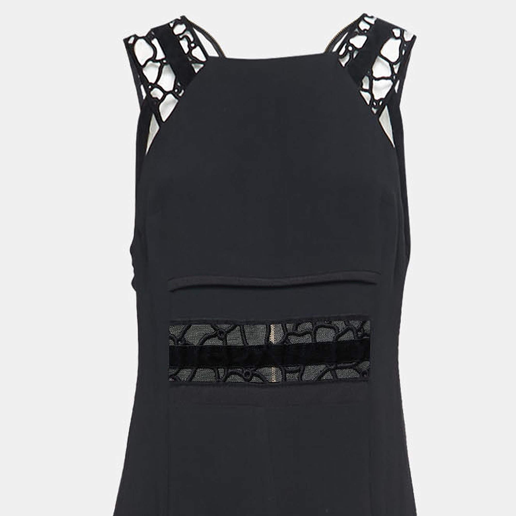 Roland Mouret Black Crepe Lace Inset Vasall Long Dress M For Sale 2