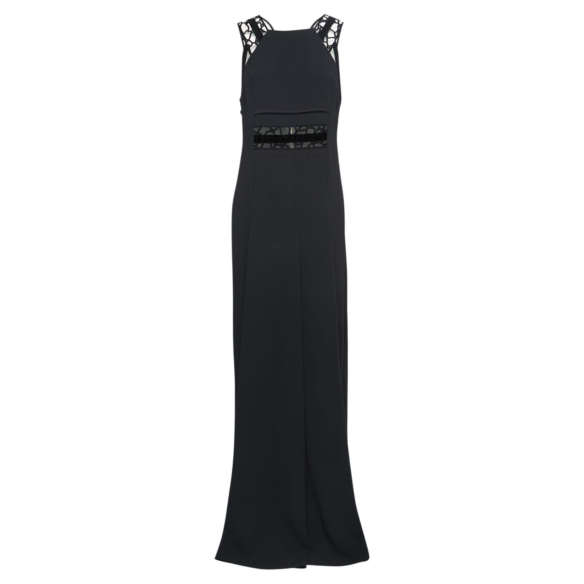 Roland Mouret Black Crepe Lace Inset Vasall Long Dress M For Sale