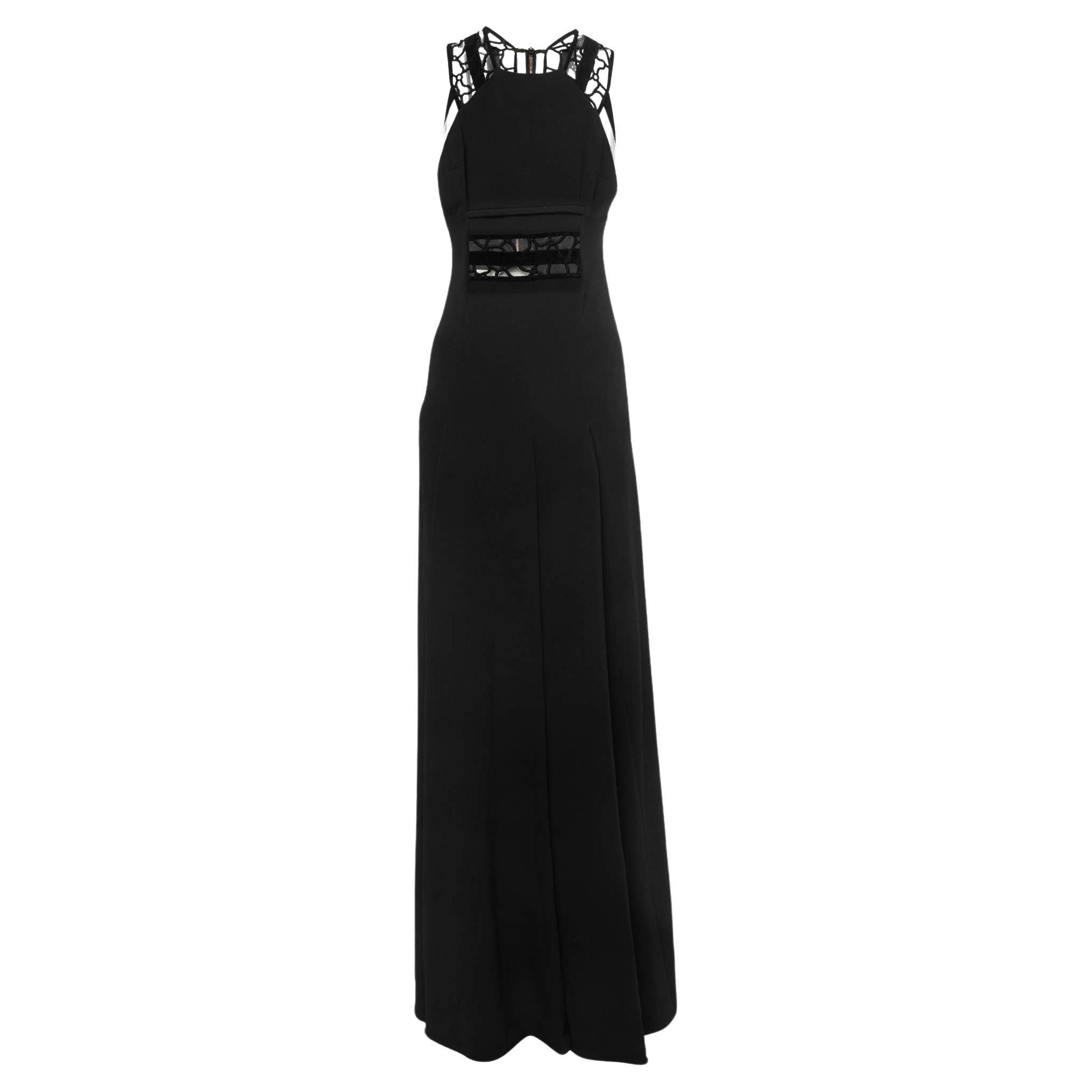Roland Mouret Black Crepe Lace Inset Vasall Long Dress S For Sale