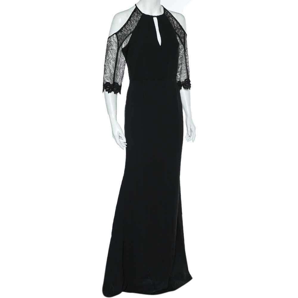 Roland Mouret Black Crepe & Lace Paneled Carrington Gown M In Excellent Condition For Sale In Dubai, Al Qouz 2