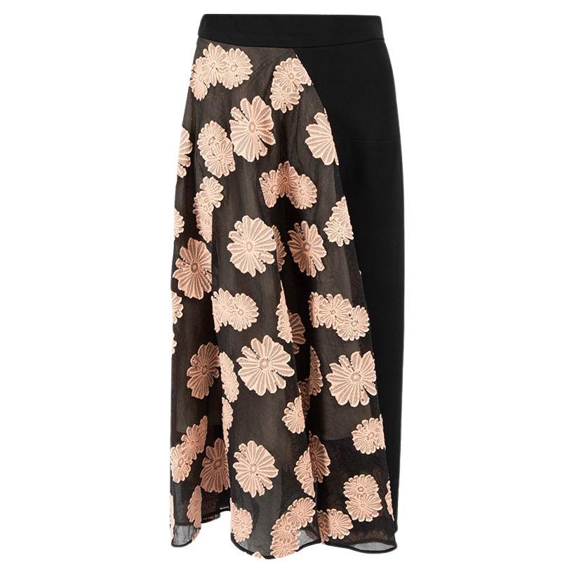 Roland Mouret Black Floral Embroidered Midi Skirt Size M For Sale