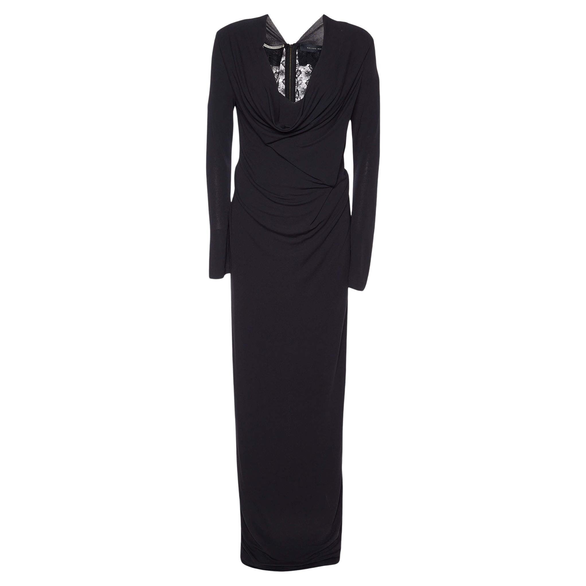 Roland Mouret Black Jersey Draped & Lace Back Maxi Dress M. en vente