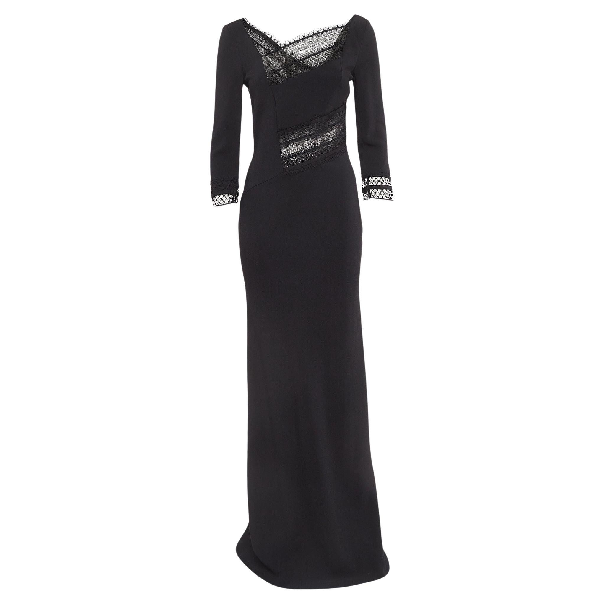 Roland Mouret Black Lace Trim Crepe Long Sleeve Maxi Dress M For Sale
