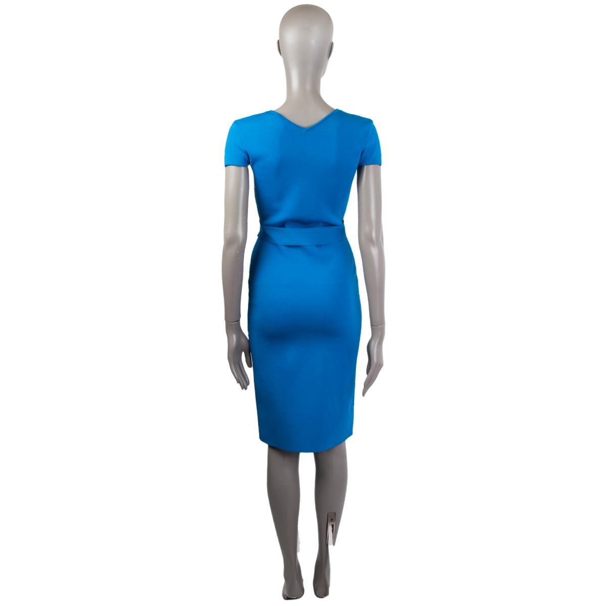 ROLAND MOURET blue stretch ASYMMETRIC V-NECK SHORT SLEEVE Dress XS In Excellent Condition For Sale In Zürich, CH