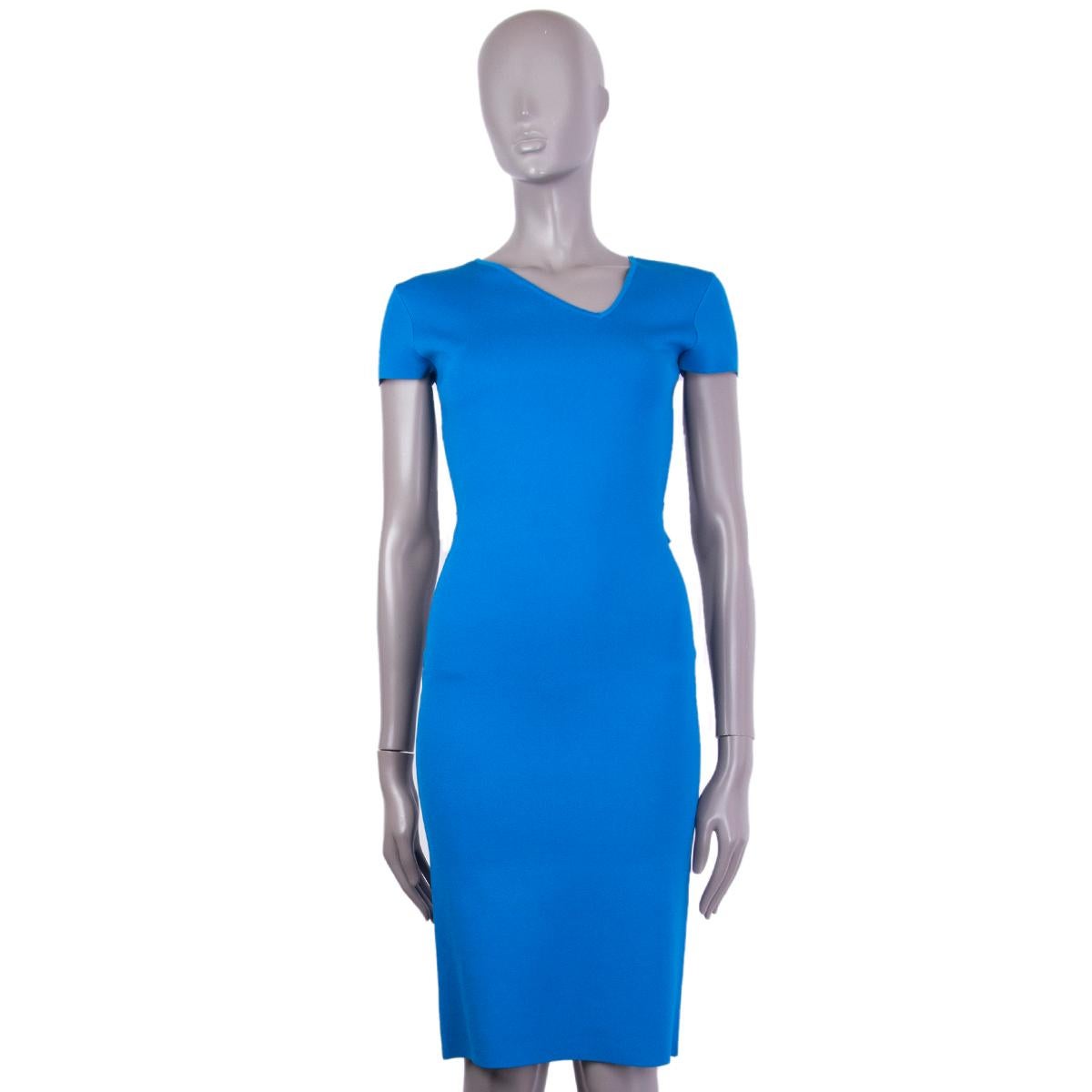 Women's ROLAND MOURET blue stretch ASYMMETRIC V-NECK SHORT SLEEVE Dress XS For Sale