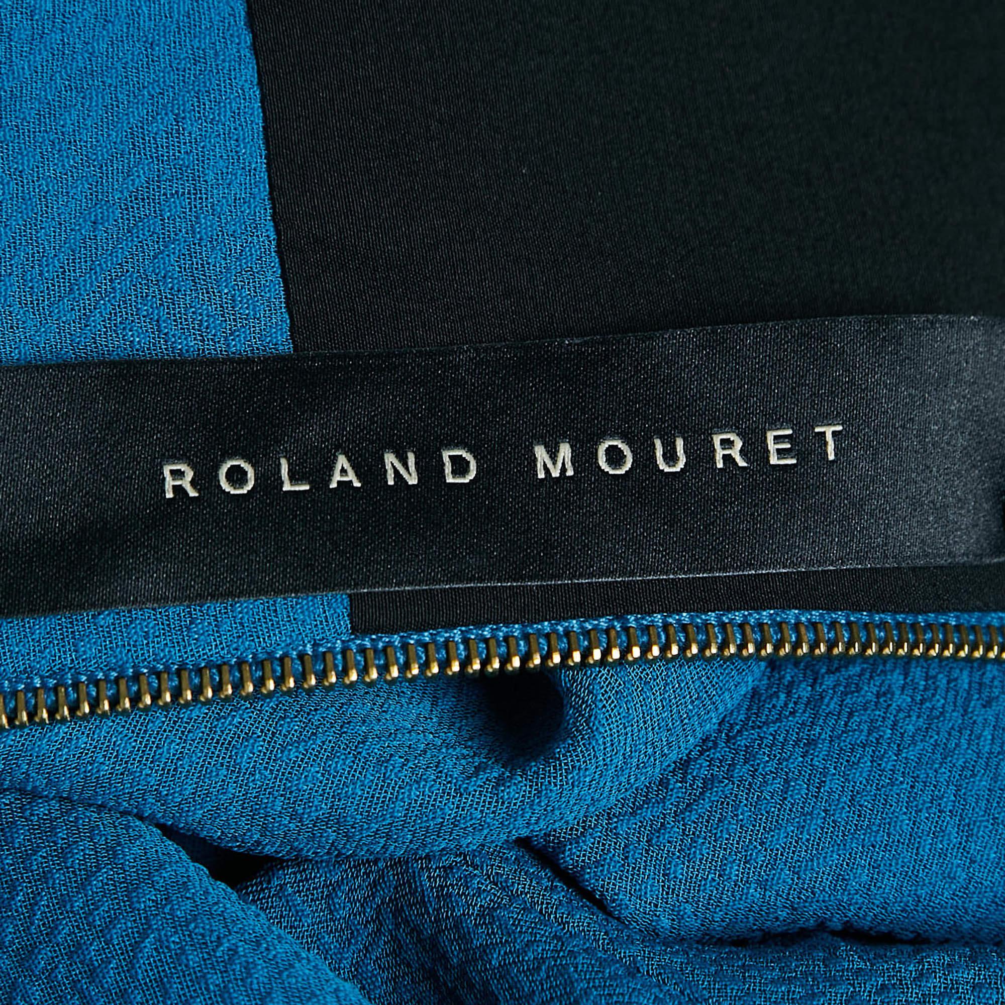 Roland Mouret Blue Textured Crepe Flared Blouse M For Sale 1