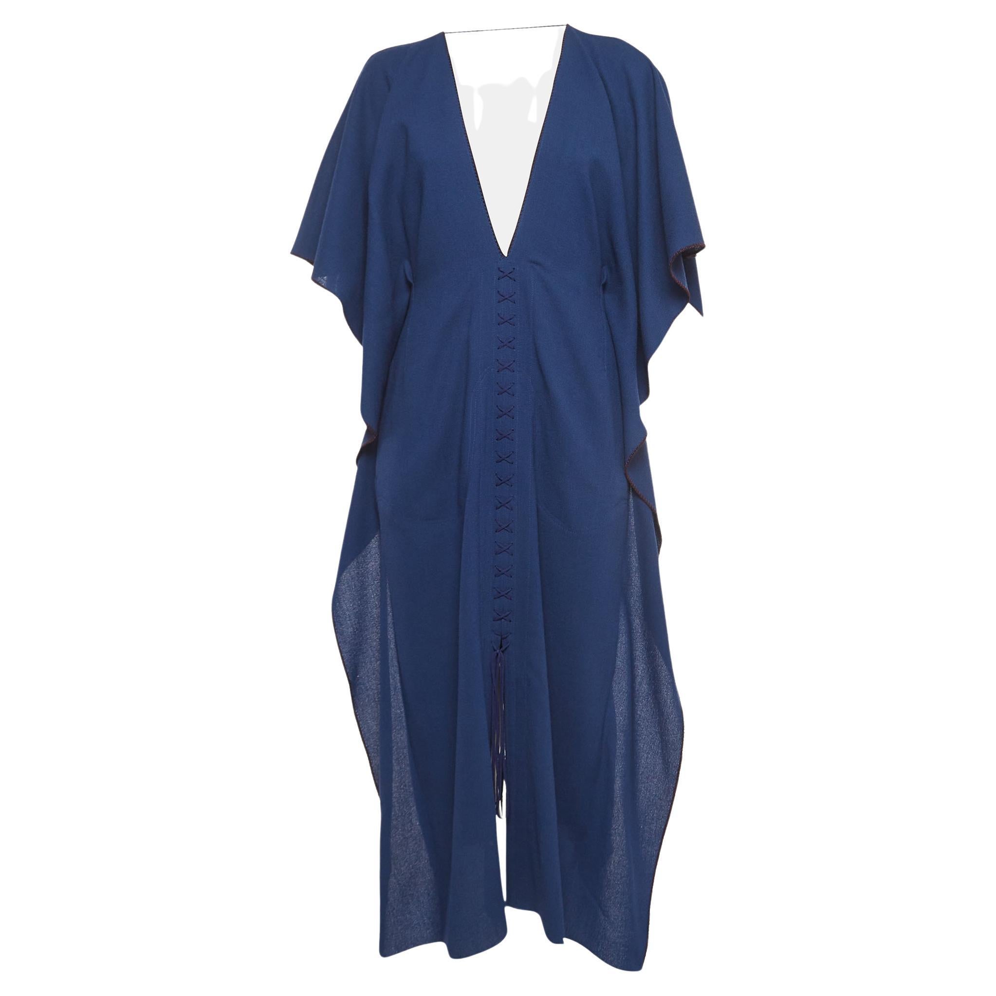 Roland Mouret Blue Wool Lace-Up Detail Midi Kaftan Dress M For Sale