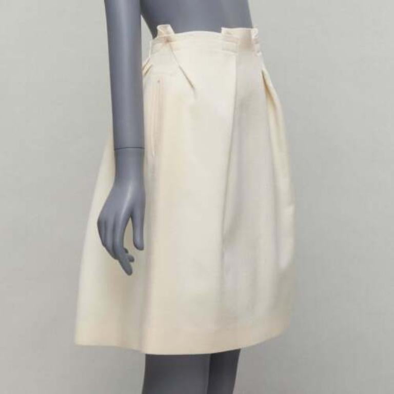 Gray ROLAND MOURET cream wool crepe silk trim origami fold pleat waist skirt UK6 XS For Sale