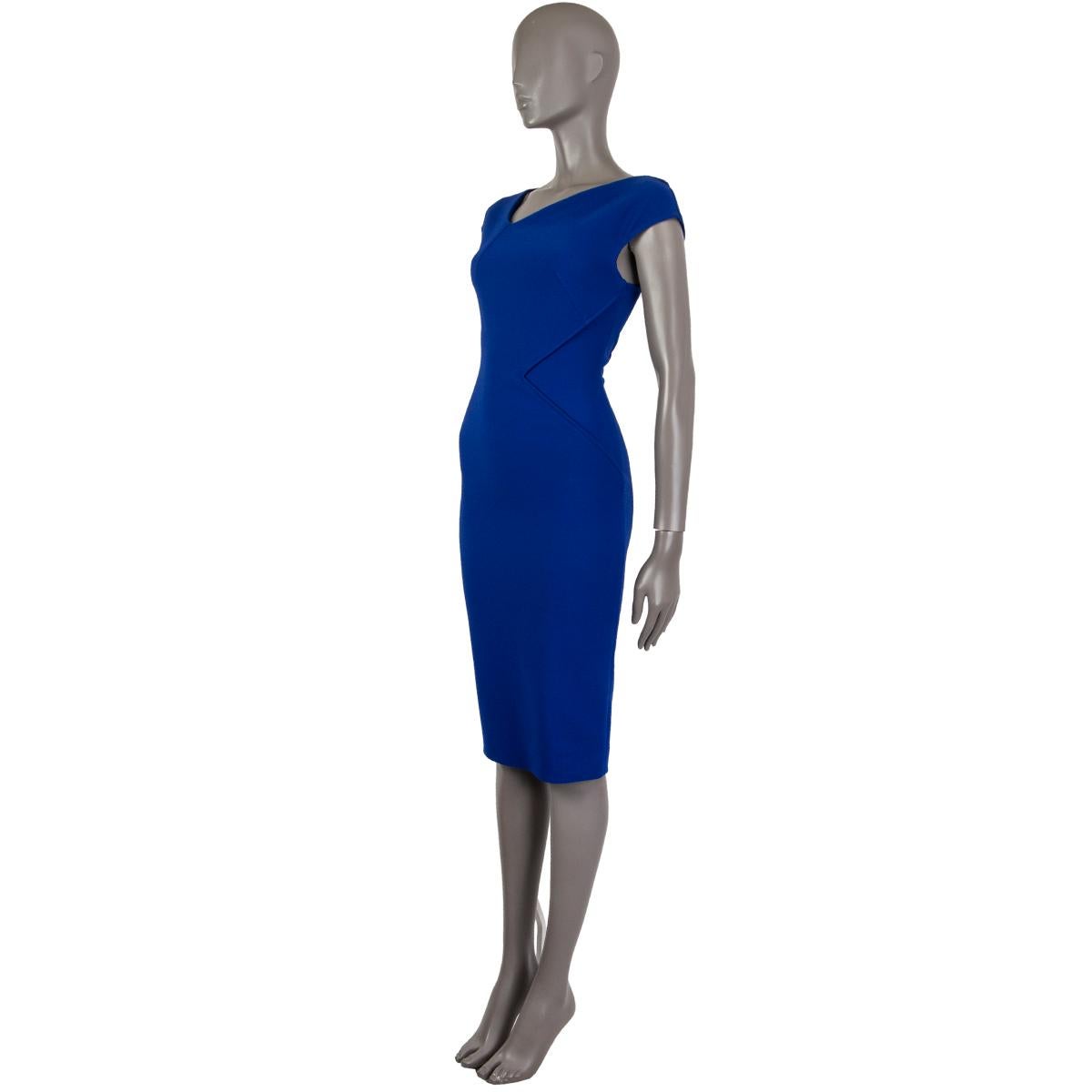 100% authentic Roland Mouret classic sheath dress in electric blue polyester (67%) viscose (29%) elastane (4%) with a close fit, triangular waist detail, cap-sleeves, V-neck and a slit in the back. Unlined. Closes with a golden zipper in the back.