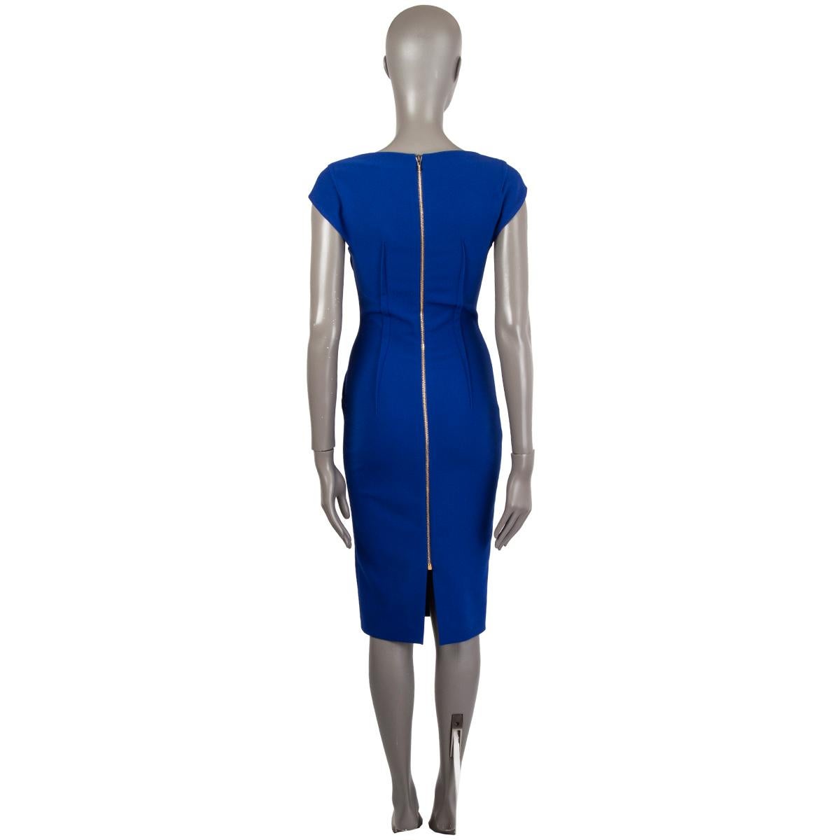 ROLAND MOURET dark blue polyester ASYMMETRIC NECK SHEATH Dress 34 XXS In Excellent Condition In Zürich, CH