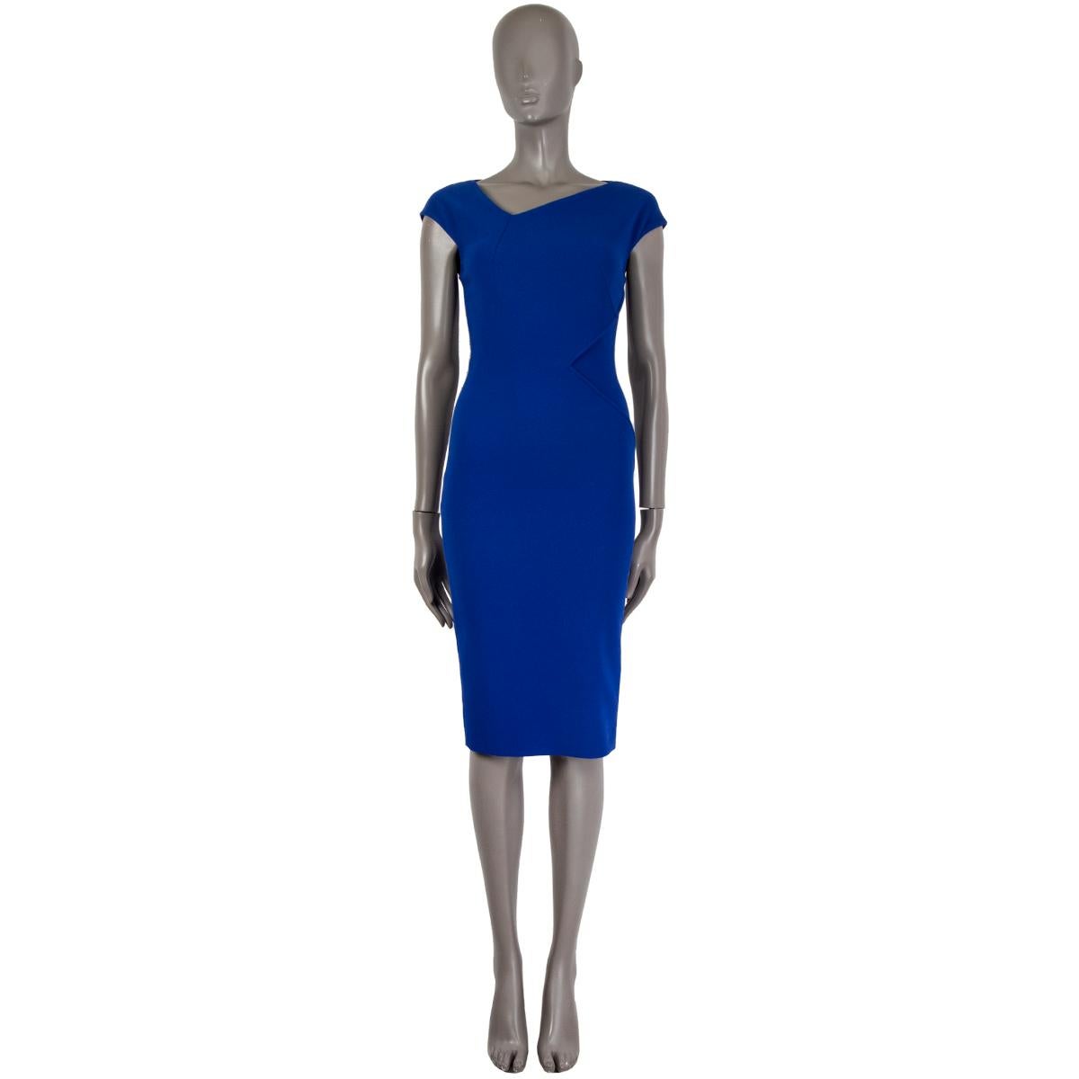 ROLAND MOURET dark blue polyester ASYMMETRIC NECK SHEATH Dress 34 XXS