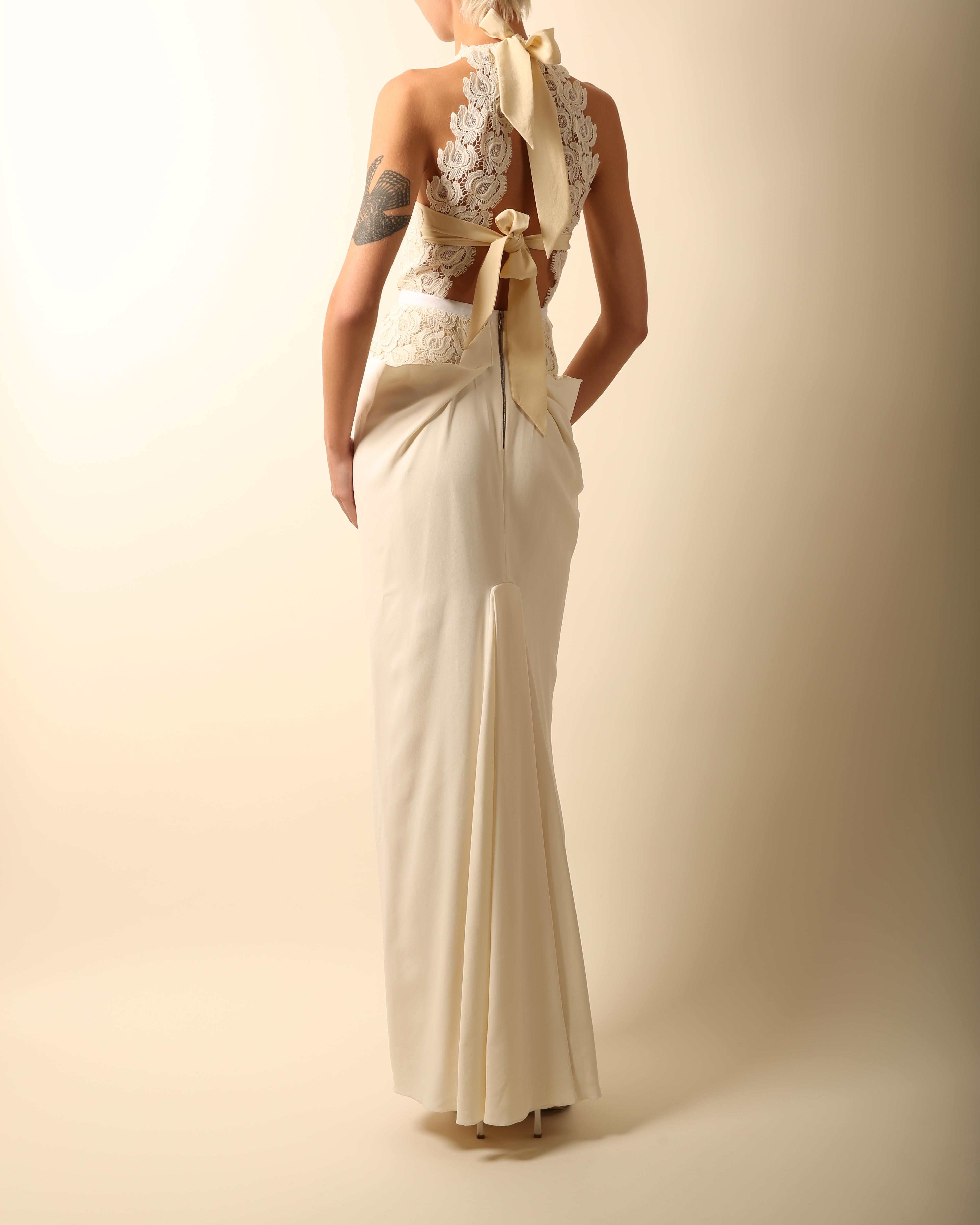 Roland Mouret ivory cream lace halter ribbon tie cut out backless wedding dress 2