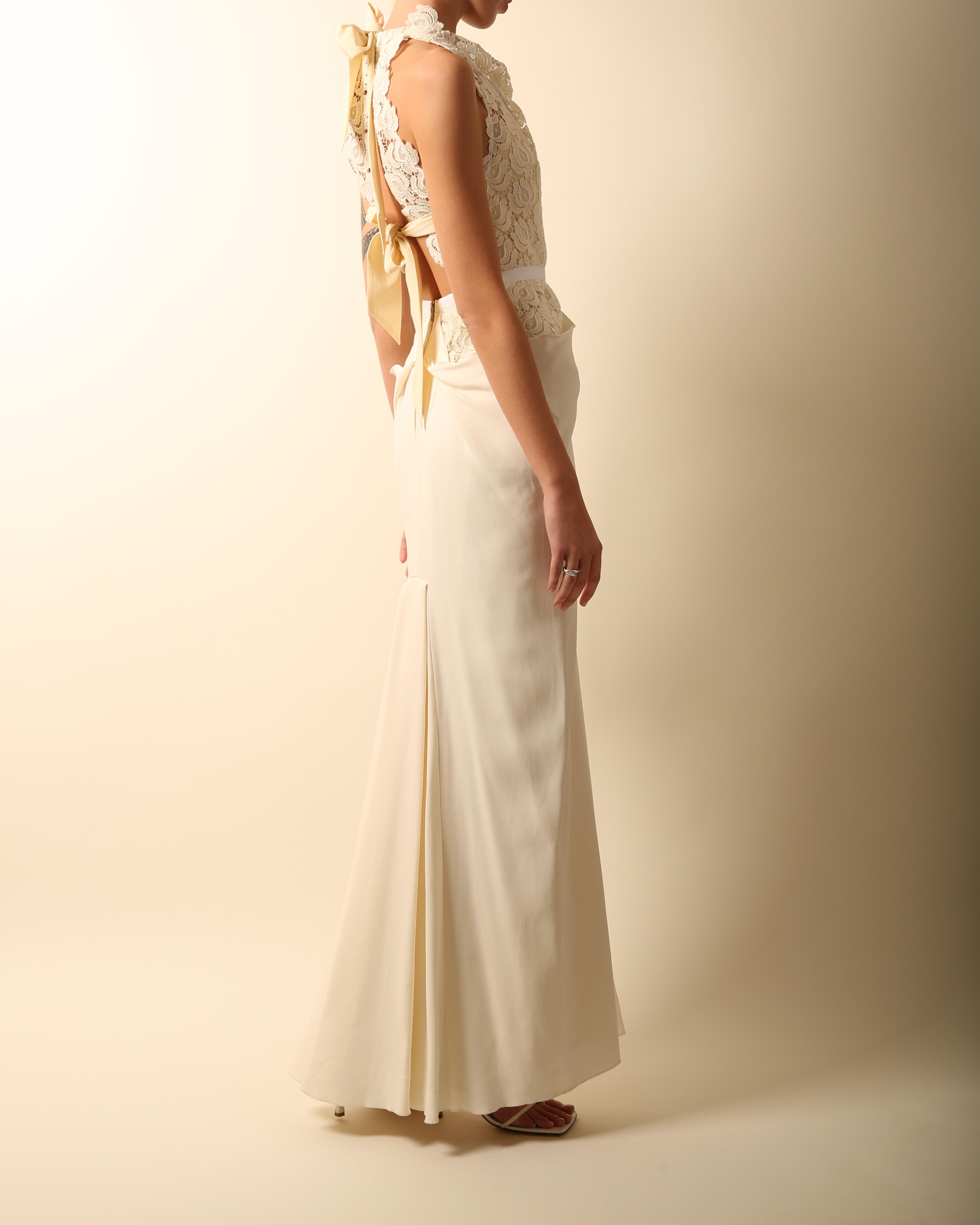 Beige Roland Mouret ivory cream lace halter ribbon tie cut out backless wedding dress