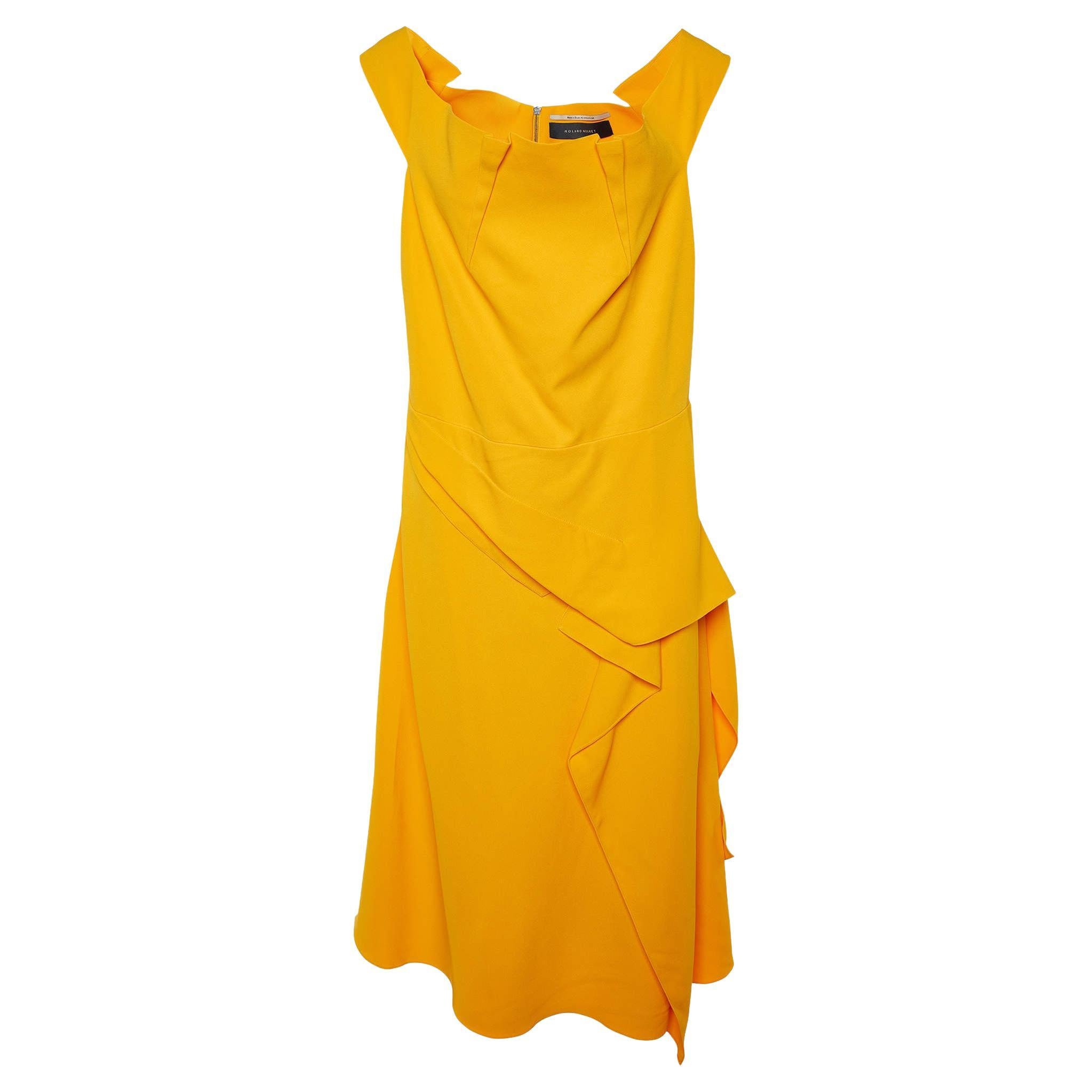 Roland Mouret Marigold Yellow Stretch Crepe Off Shoulder Arch Dress XL For Sale