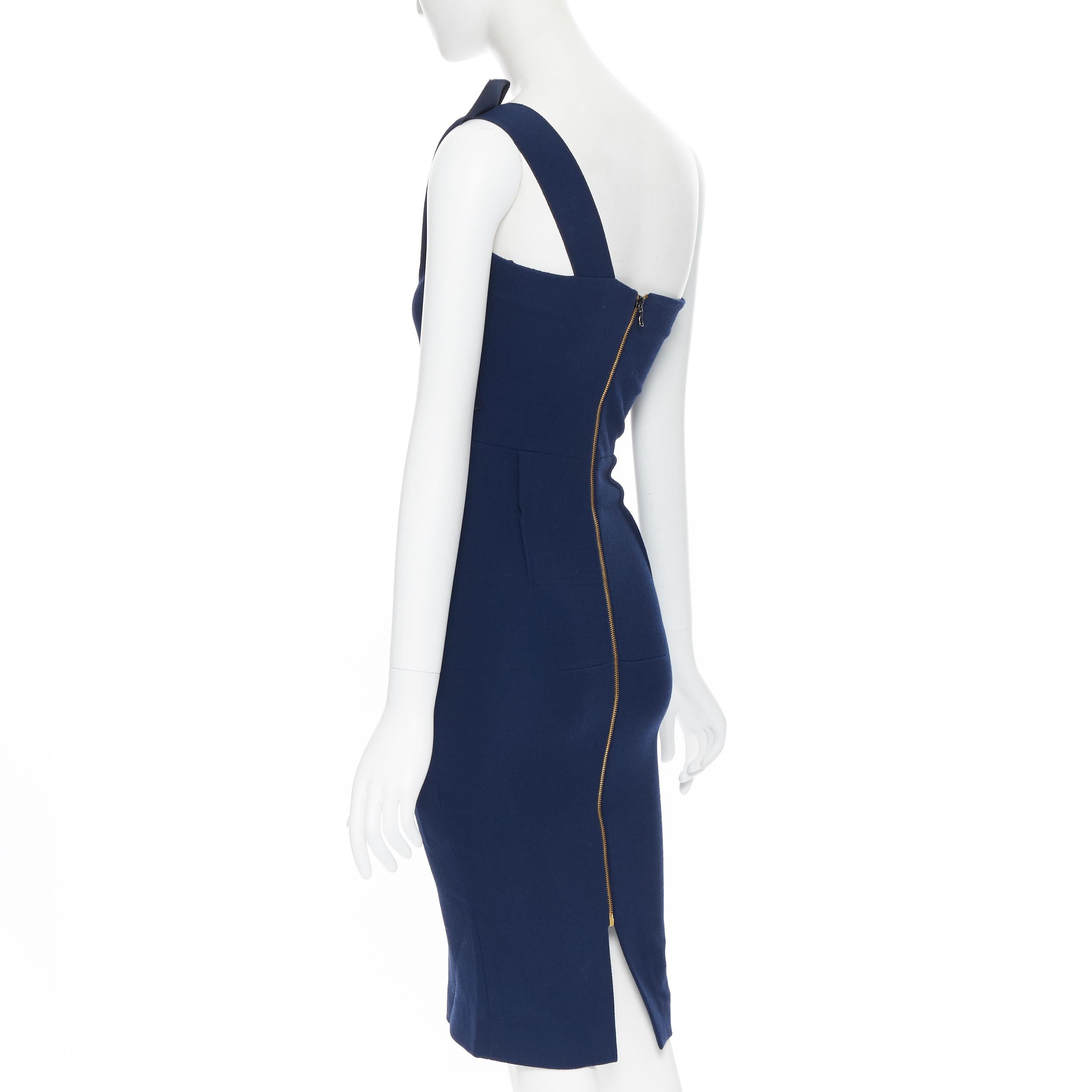 ROLAND MOURET navy blue wool crepe origami dart one shoulder dress UK6 XS In Excellent Condition In Hong Kong, NT