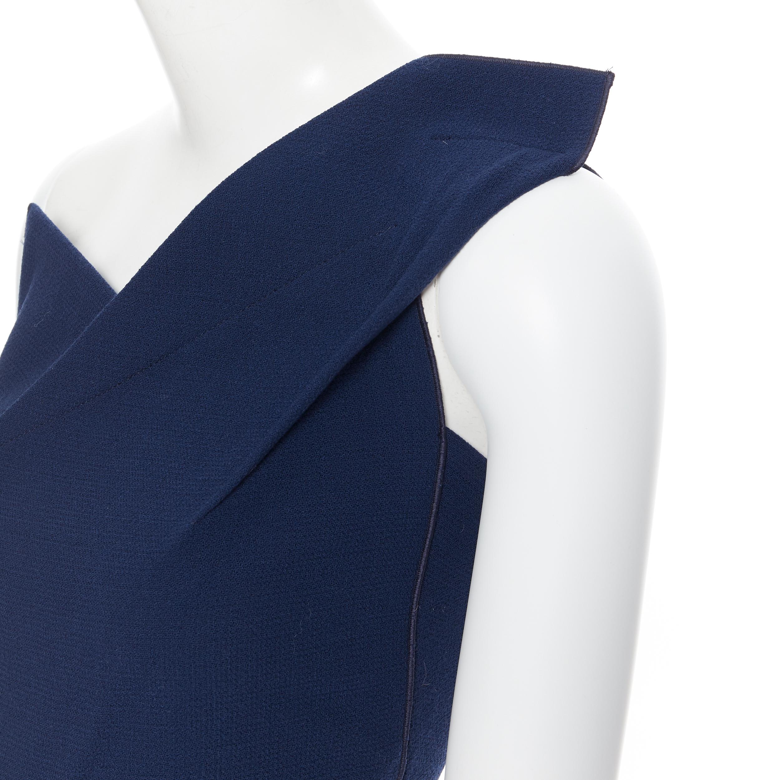 Women's ROLAND MOURET navy blue wool crepe origami dart one shoulder dress UK6 XS