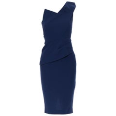 ROLAND MOURET navy blue wool crepe origami dart one shoulder dress UK6 XS