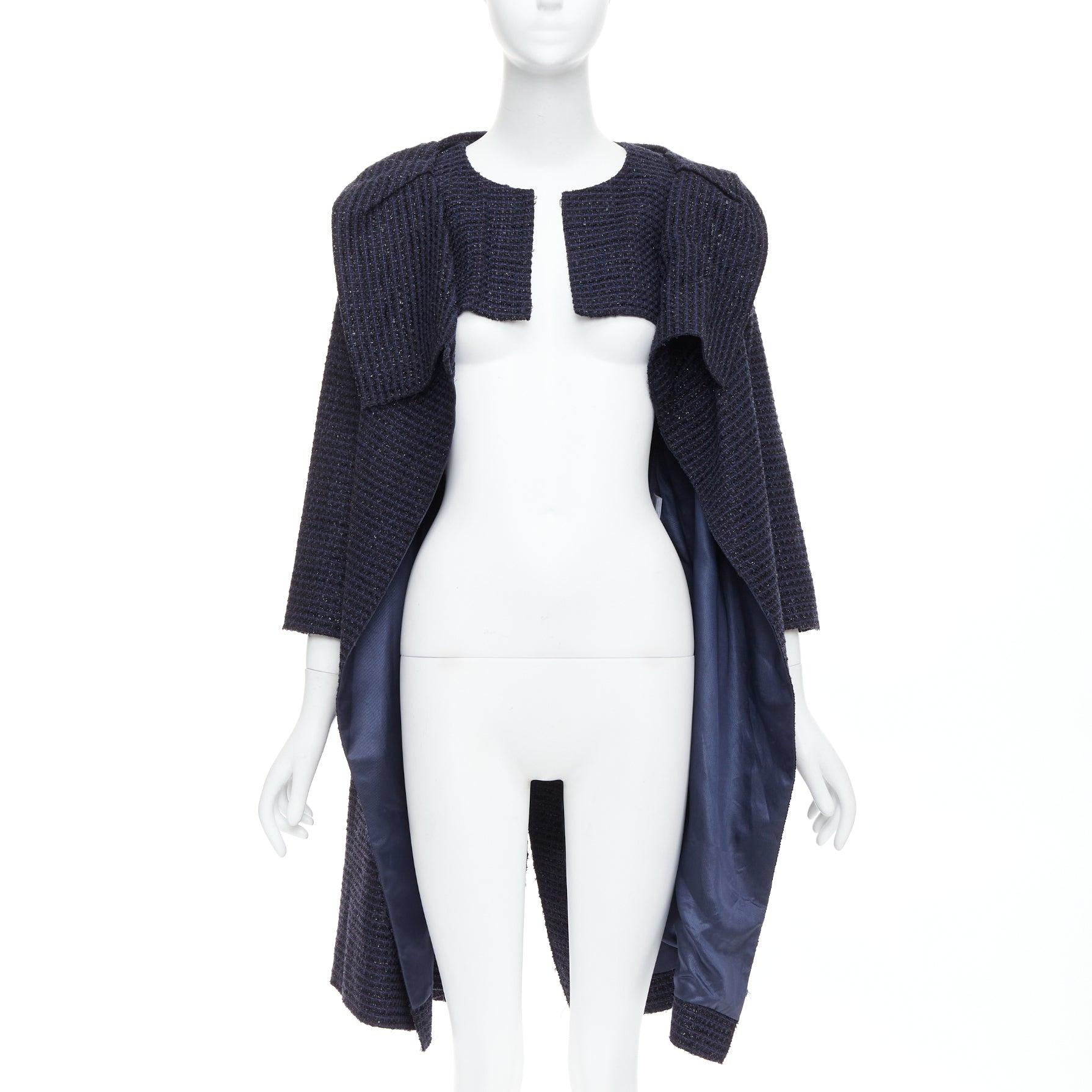 Black ROLAND MOURET navy cotton blend tweed collar structural coat UK12 L For Sale