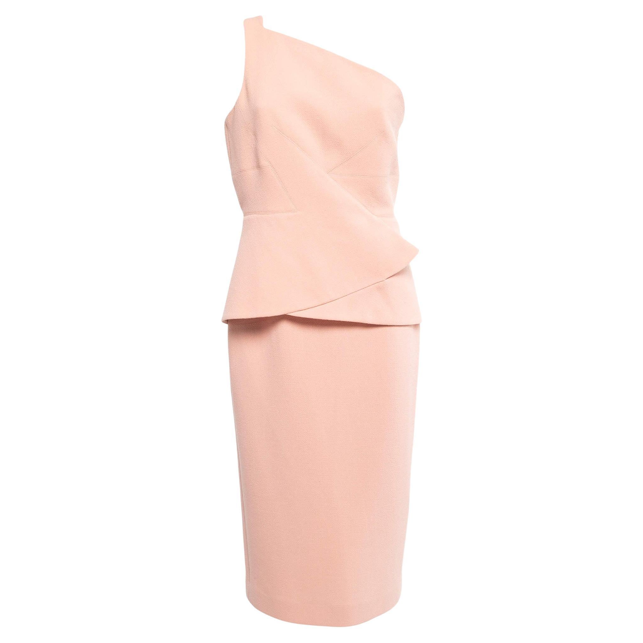Roland Mouret Pastel Rose Wool Crepe On Shoulder Midi Dress L For Sale